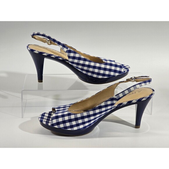 MW Women's 8 Aubrey Lynn Blue Check peep Toe Slingback High Heels Shoes NWOB NEW - Picture 2 of 8